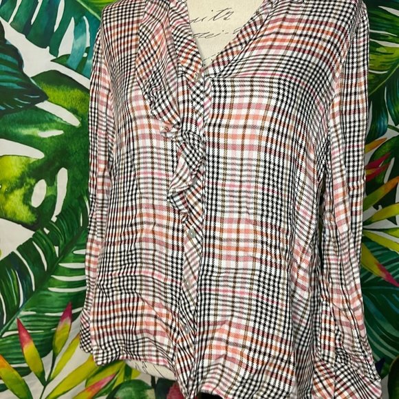 GUC $89 J.Jill Women's SP Ruffle Beige Black Front Plaid Button Down Shirt - Picture 2 of 8